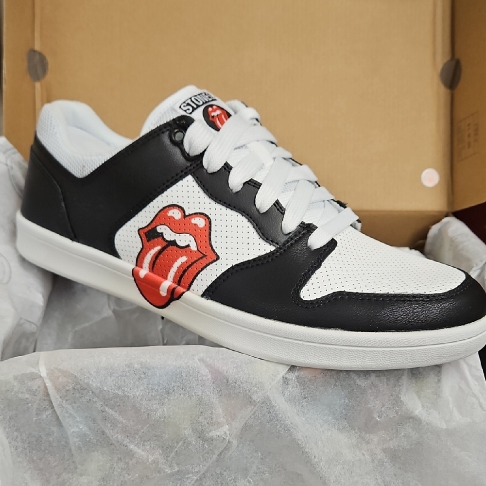 Black and White Sneakers with Red Logo